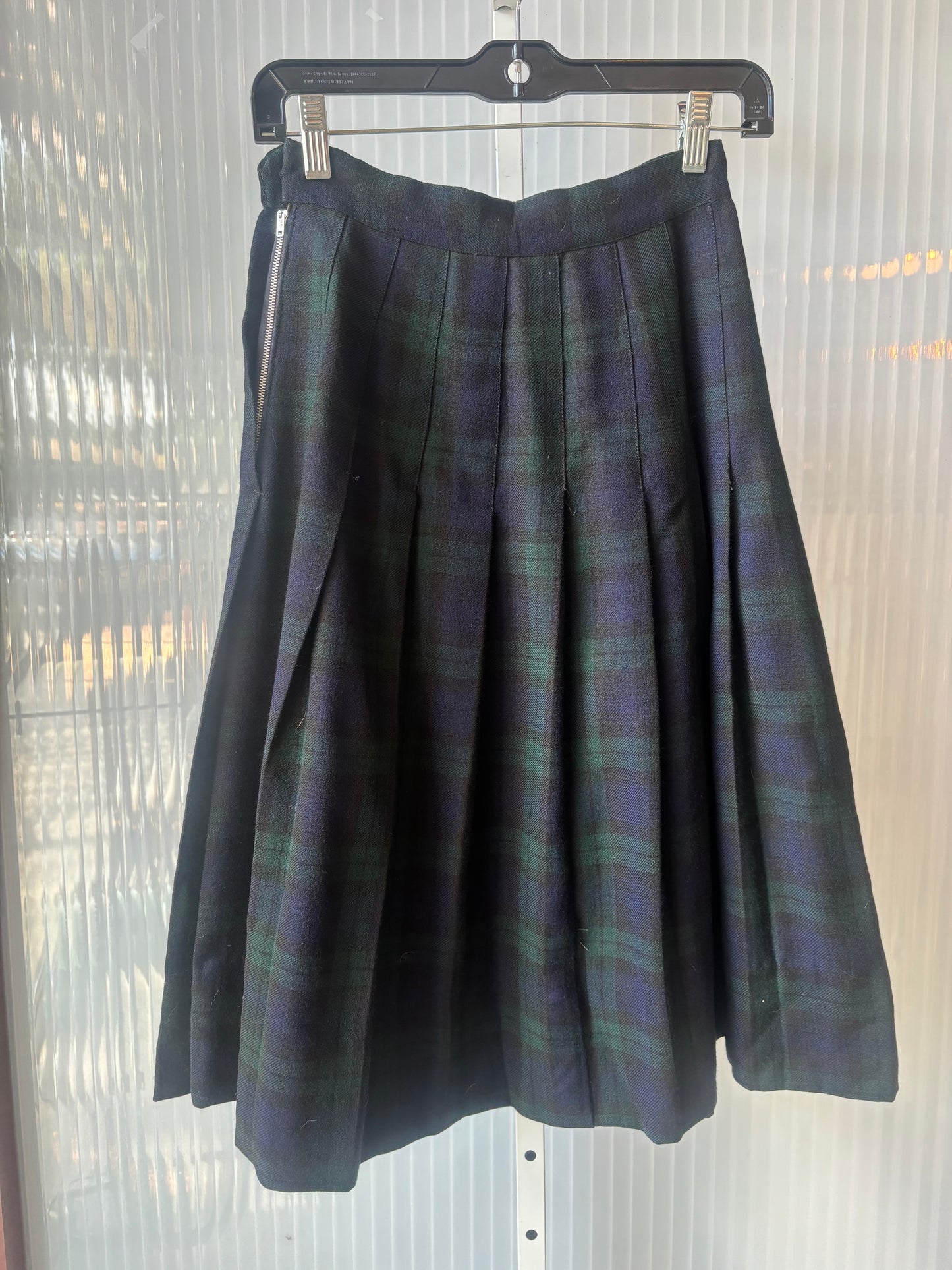 1970s Blue & Green Plaid Wool Tweed Box Pleated Skirt