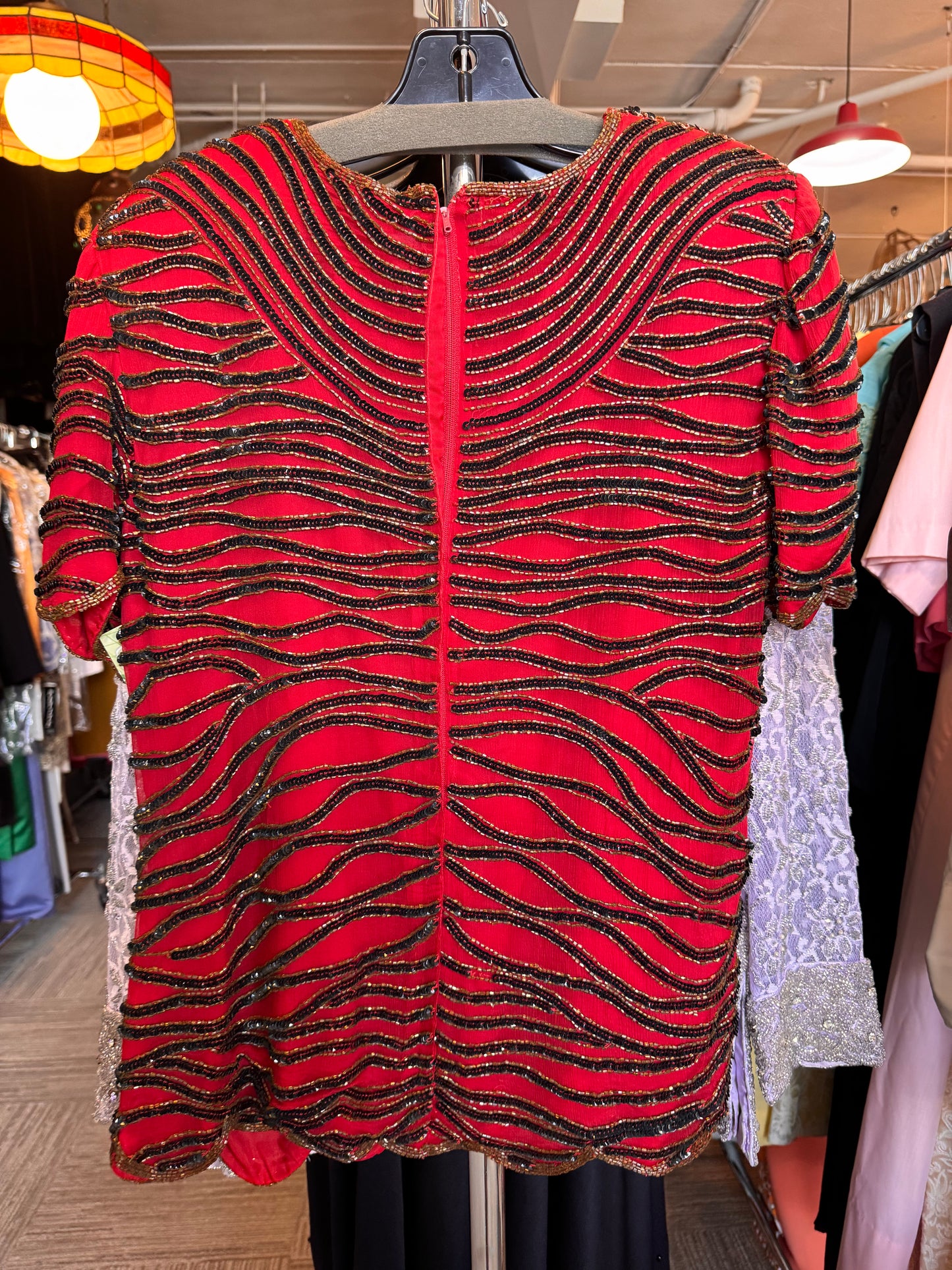 1980s Red Sequin & Beaded Top