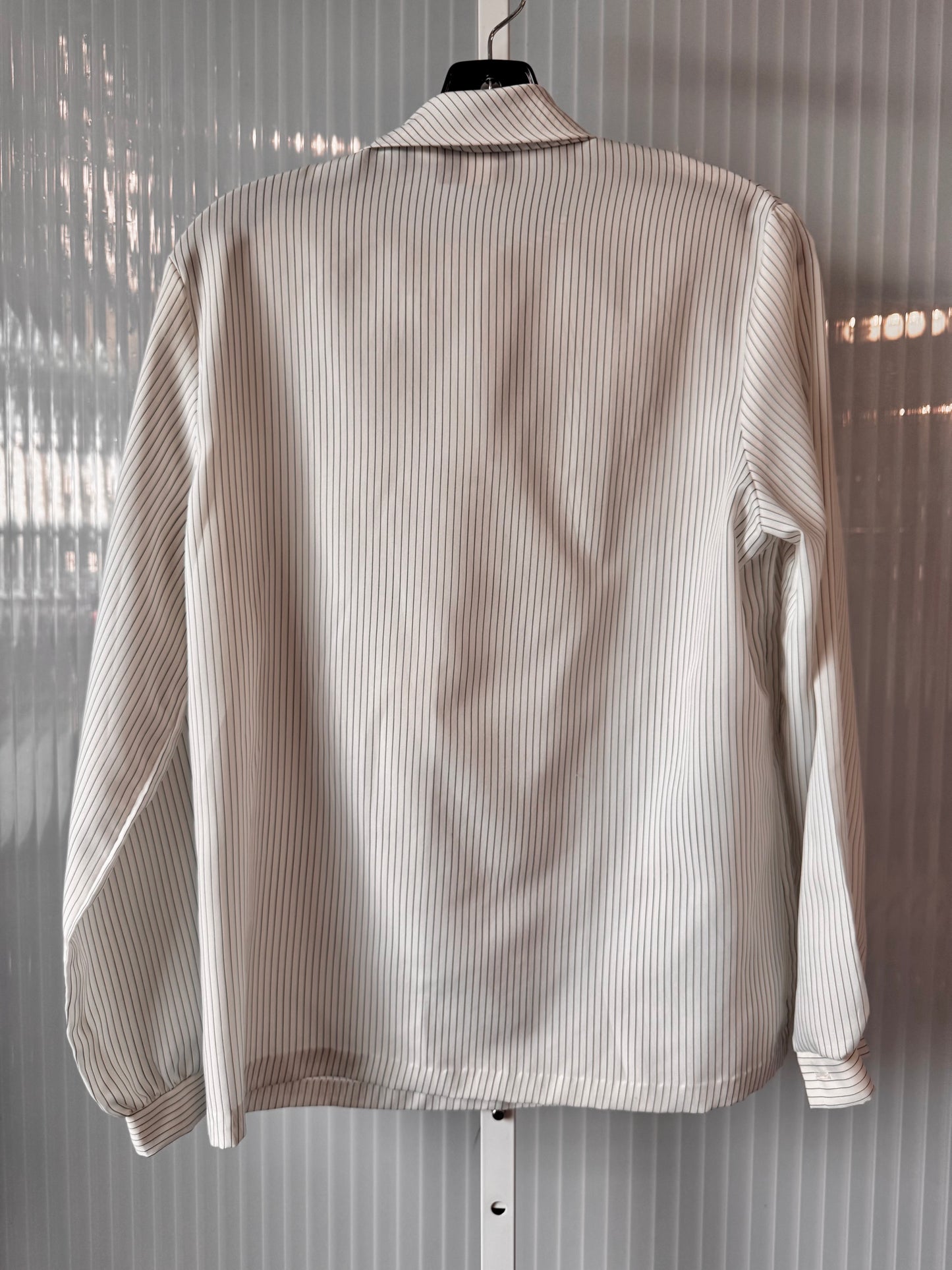 1980s White & Black Pinstripe Mock-neck Blouse