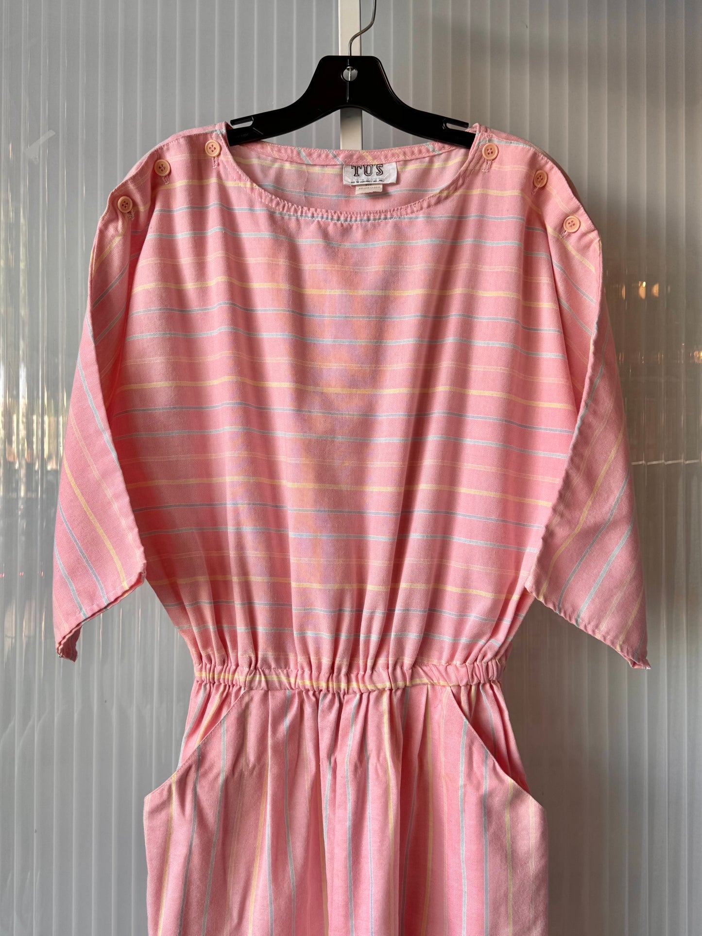 1980s Pastel Pink Striped Dolman Sleeve Jumpsuit