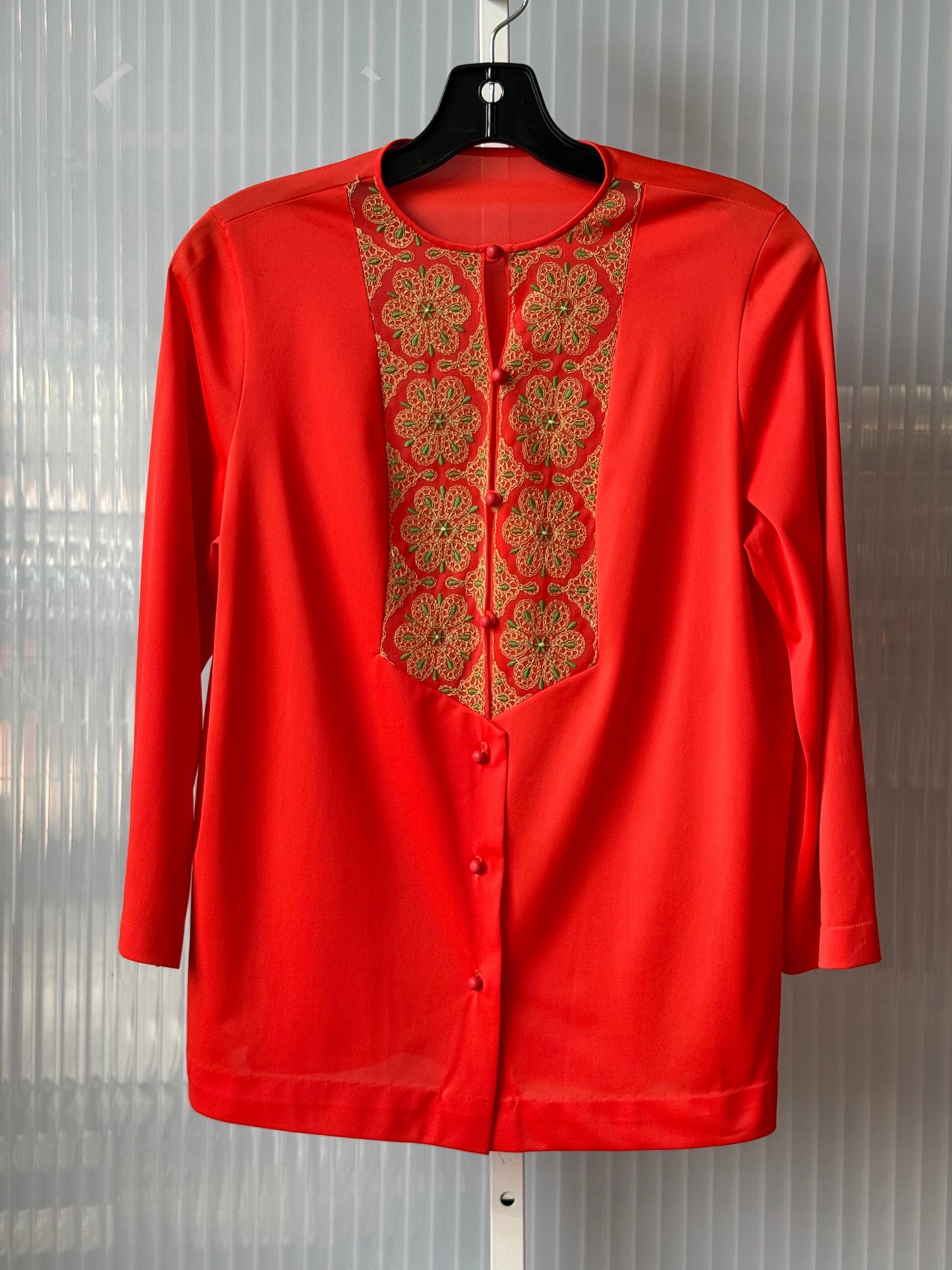 1970s Red-Orange 2-Piece Pajama Set with Embroidered Yoke