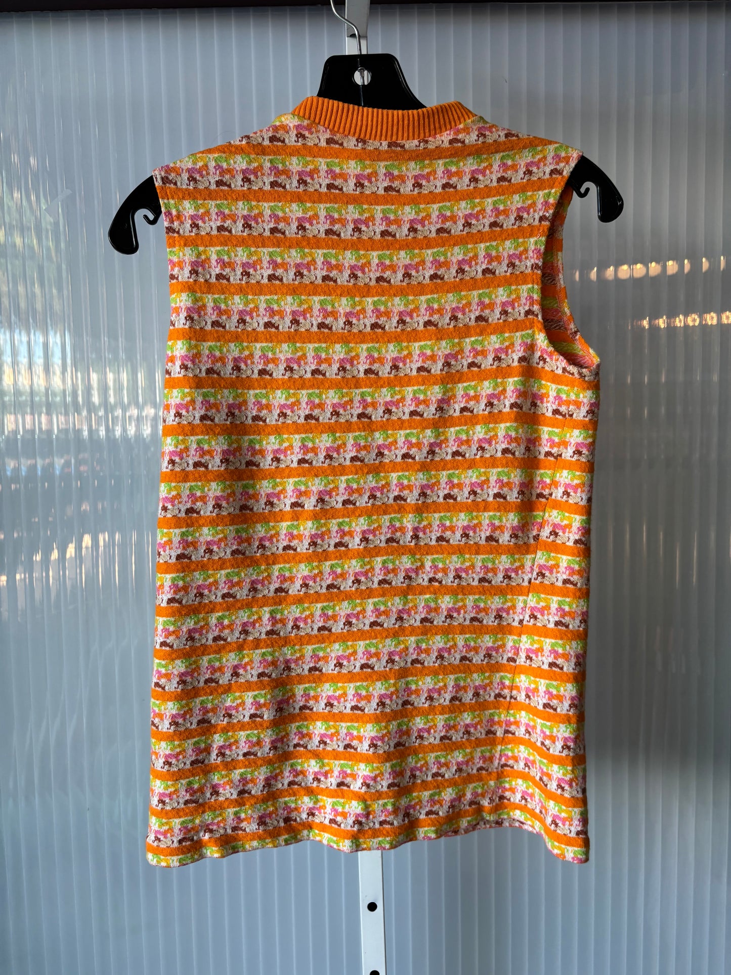 1970s Multicolor Knit Sleeveless Elephant Print Blouse
