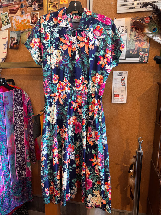 1990s Blue Floral Shirtwaist Dress