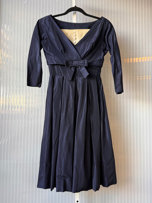 1950s Navy Blue Pleated Sleeveless Dress & Bolero