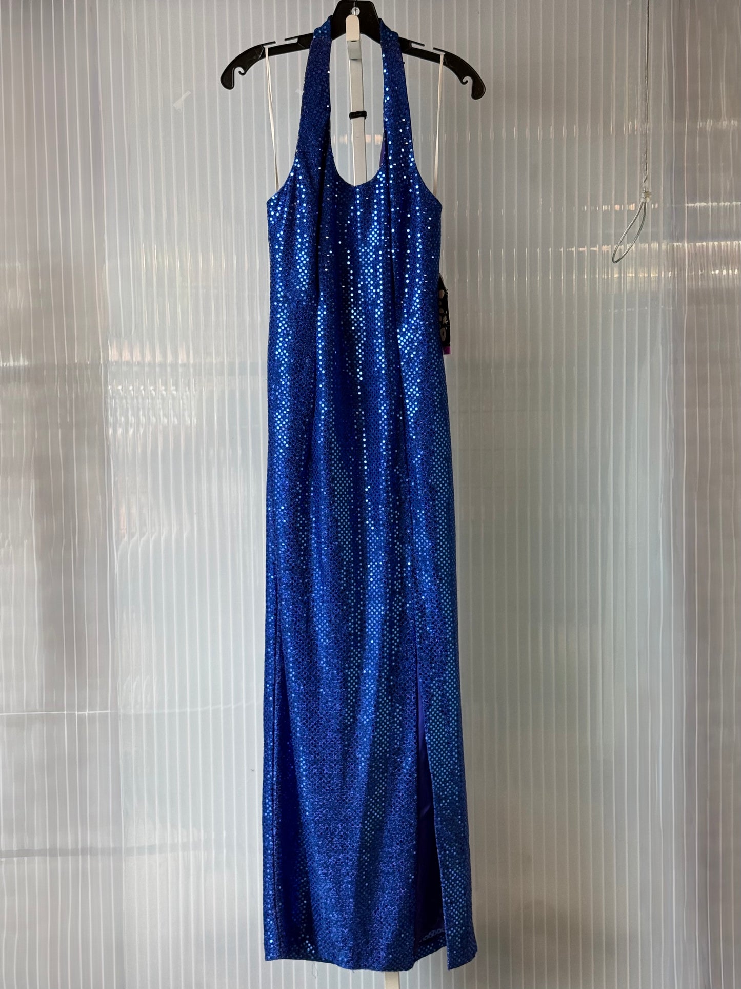 1990s Blue Sequin Disco Halter Top Gown