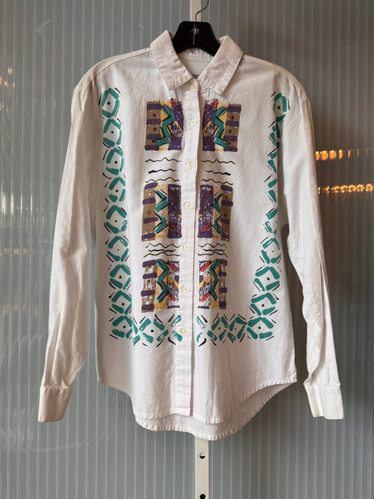 1980s Wrangler Abstract Print White Collared Shirt