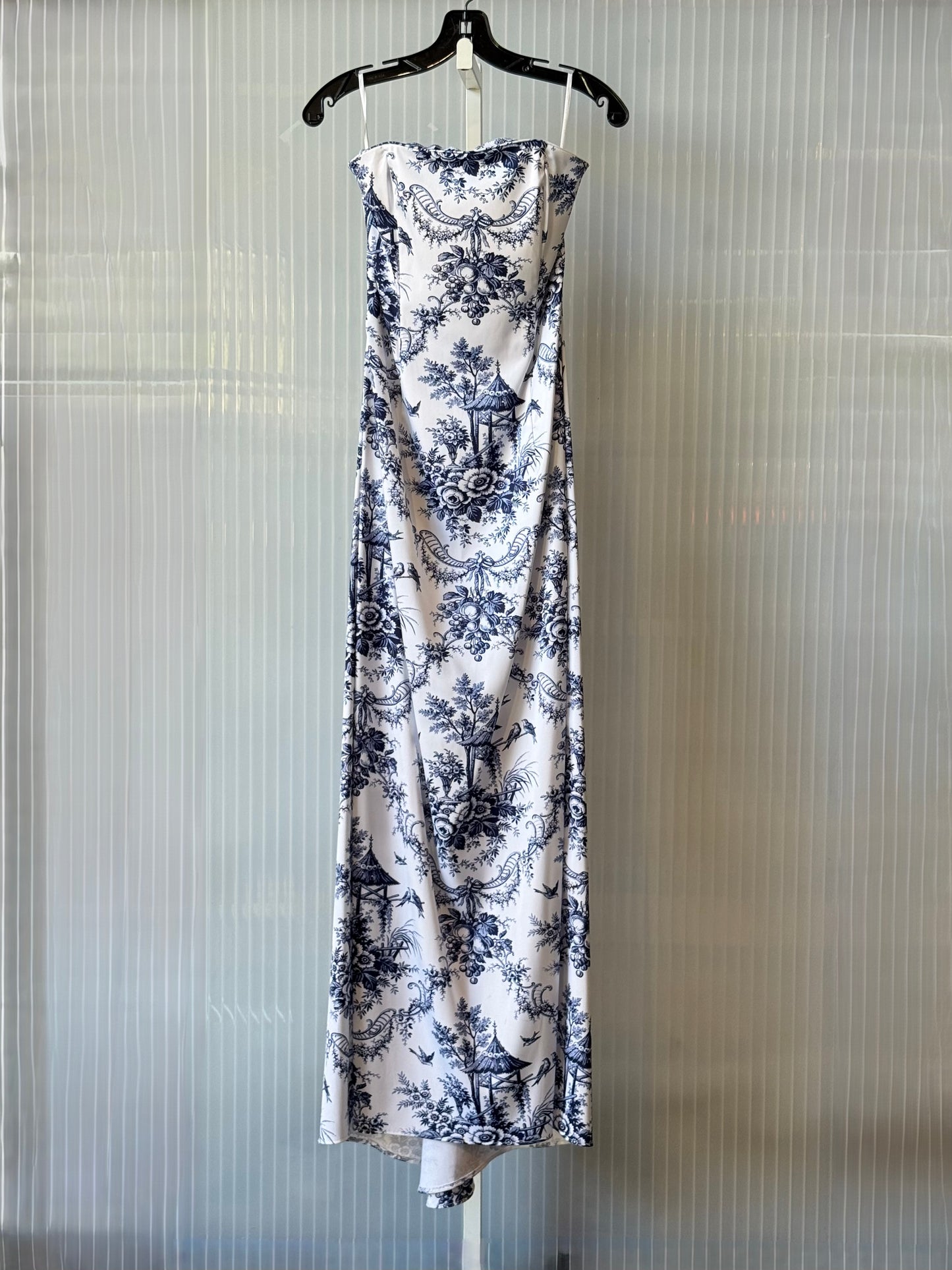 1990s Gunne Sax White and Blue Toile Strapless Gown