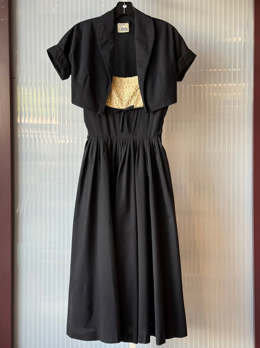 1950s Black Cotton Dress w/ Tan Crochet Bodice & Bolero