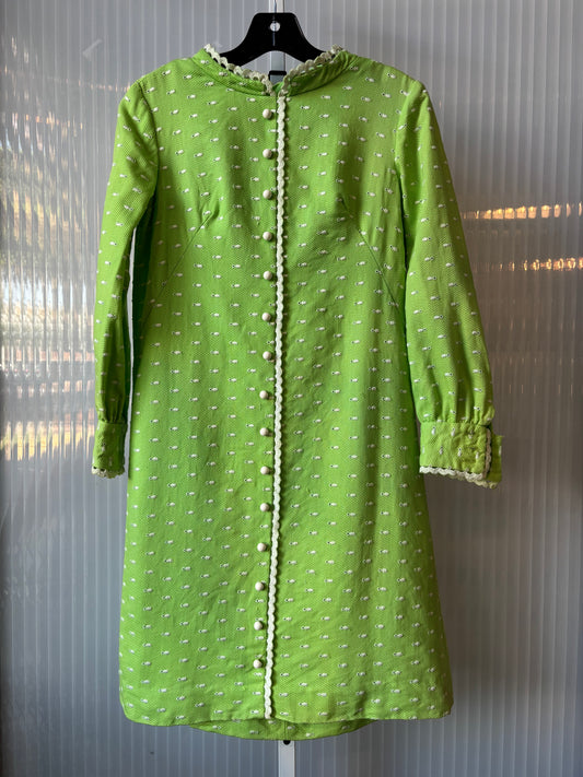 1960s Lime Green Dress with White Eyelet pattern