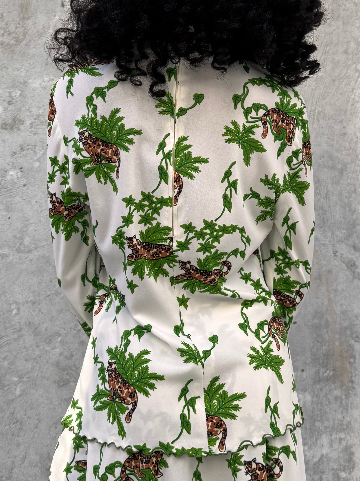1970s White & Green Jaguar Print Top & Skirt Set