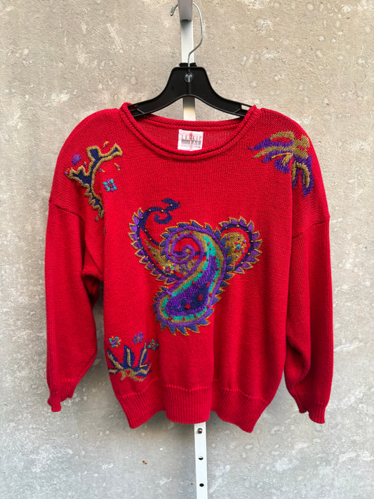1980s Red Sweater with Crewel Paisley Motif