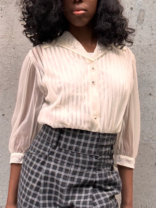 1950s White Sheer 3/4-Sleeve Pintuck Blouse