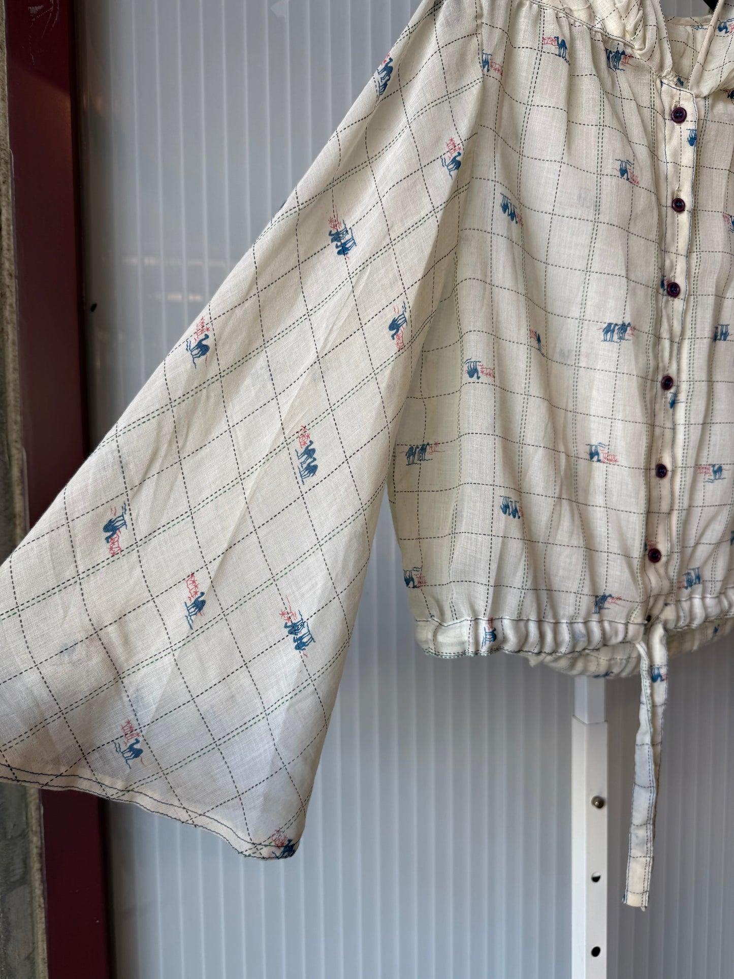 1970s Cream Sheer Cinch Waist Hooded Blouse w/ Camel Print