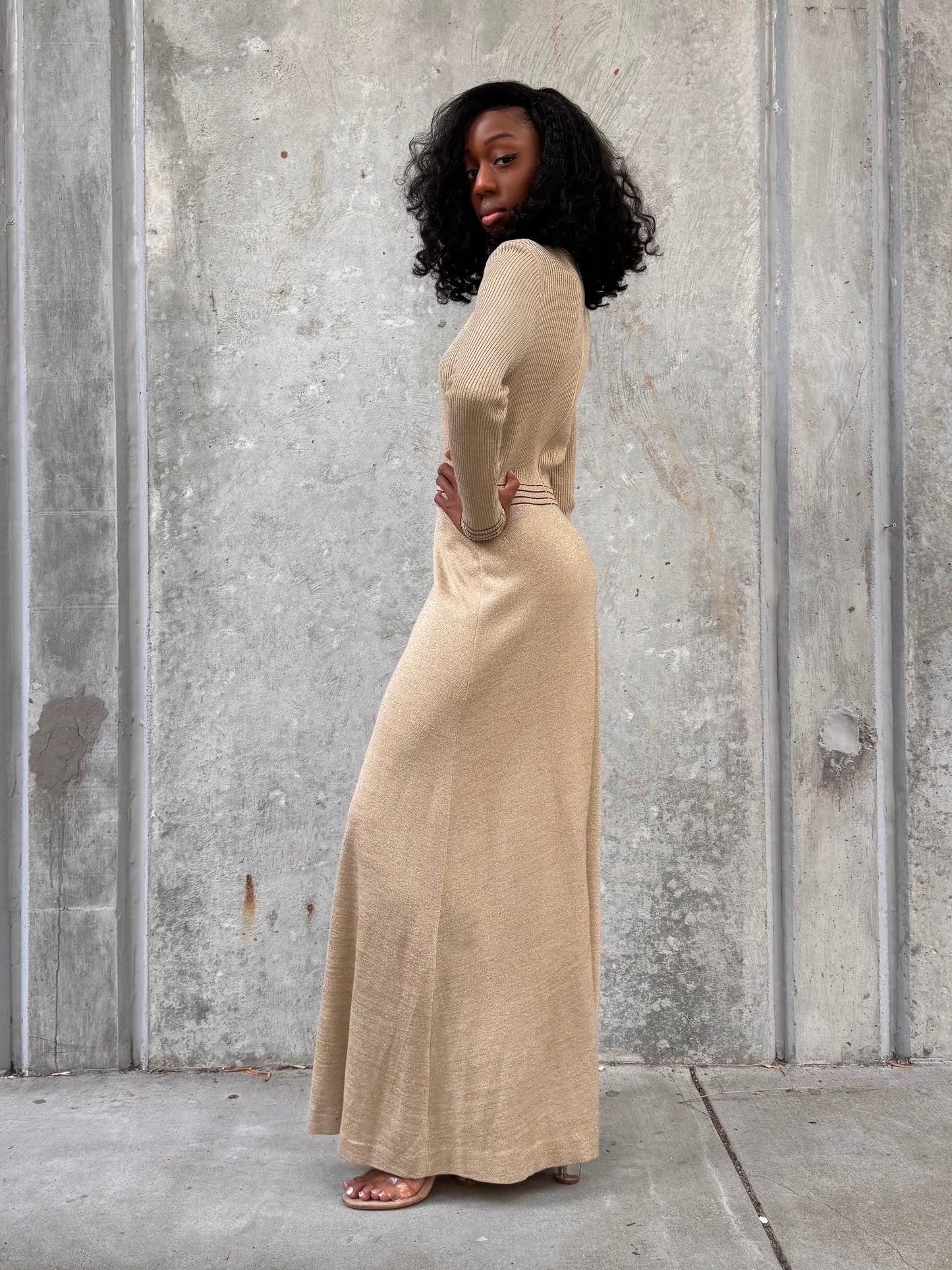 1970s Gold Sparkle Floor Length Knit Dress