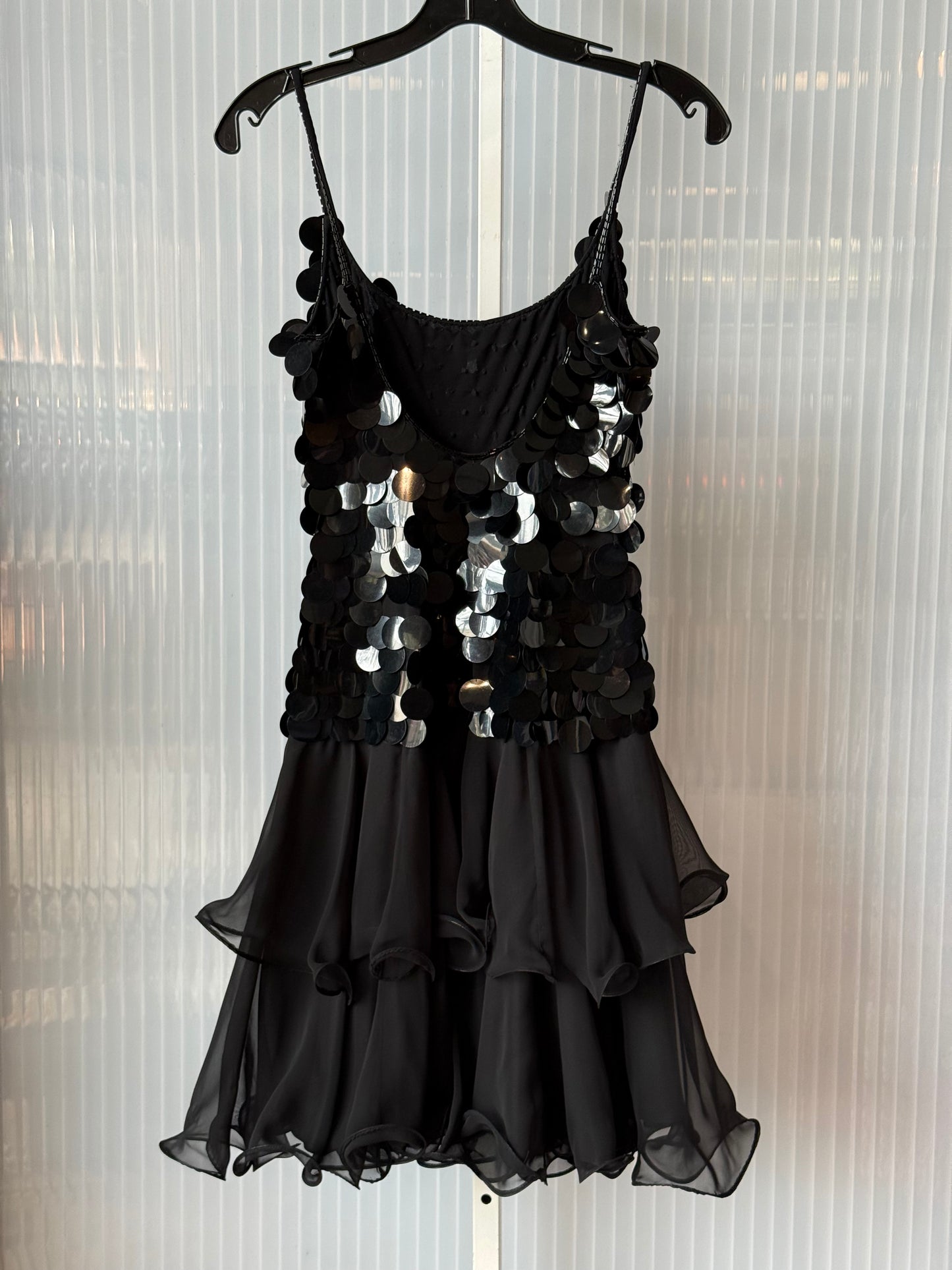 1970s Black Paillette & Frills Disco Mod Dress