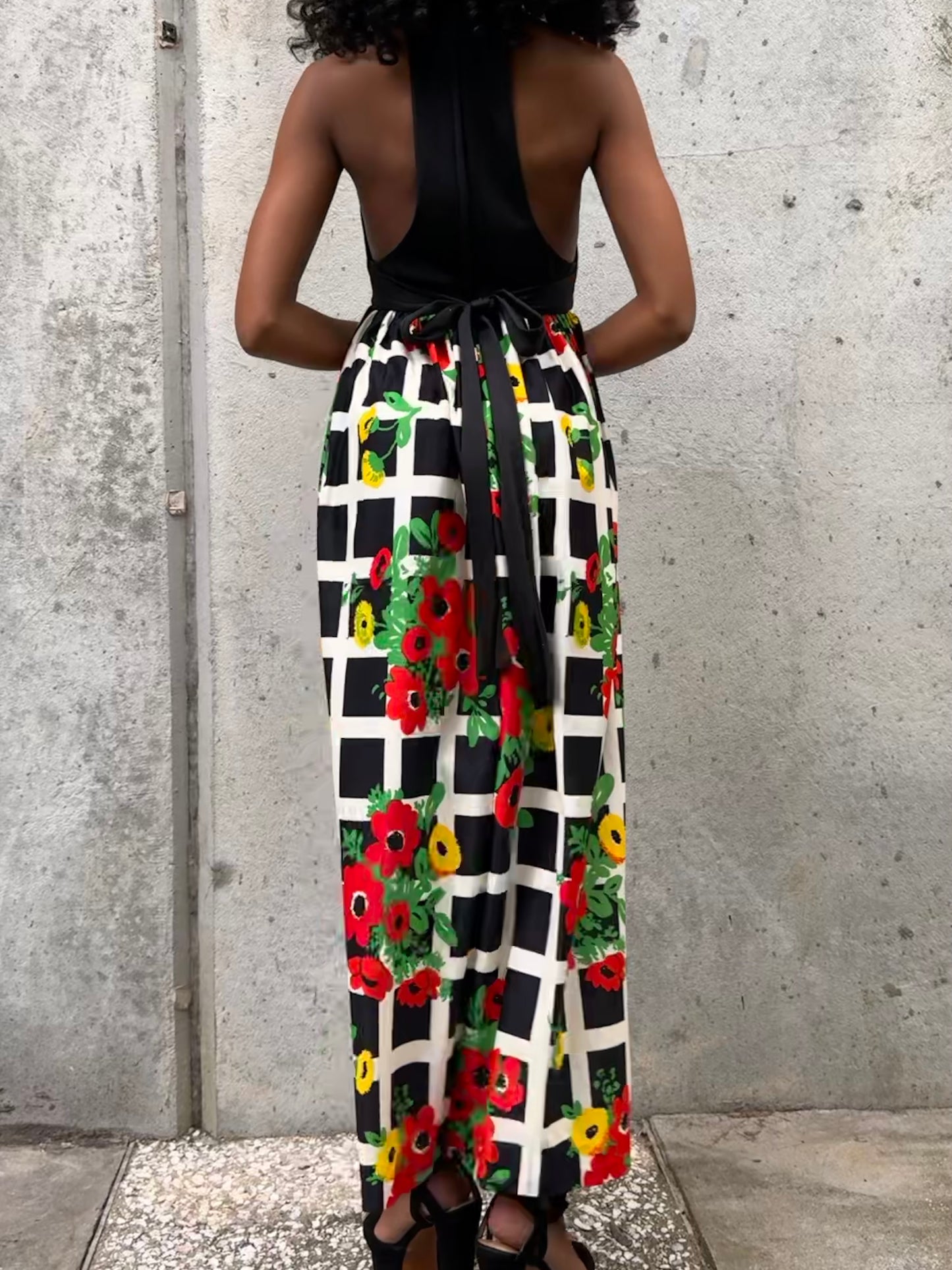 1970s Black Red & Green Floral Halter-Like Dress