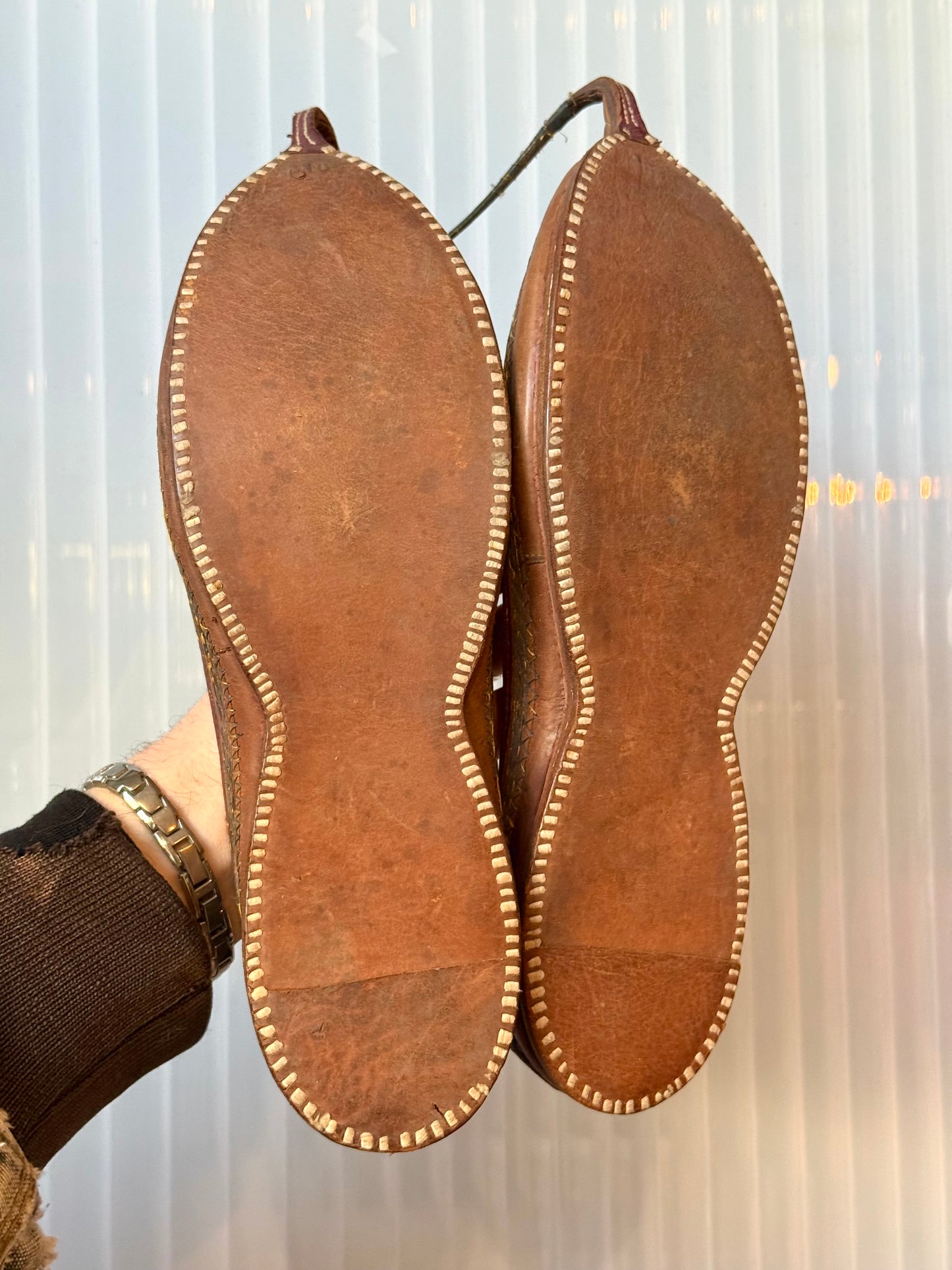 Mughal Ottoman Leather Embroidered Slippers w/ Curled Toe