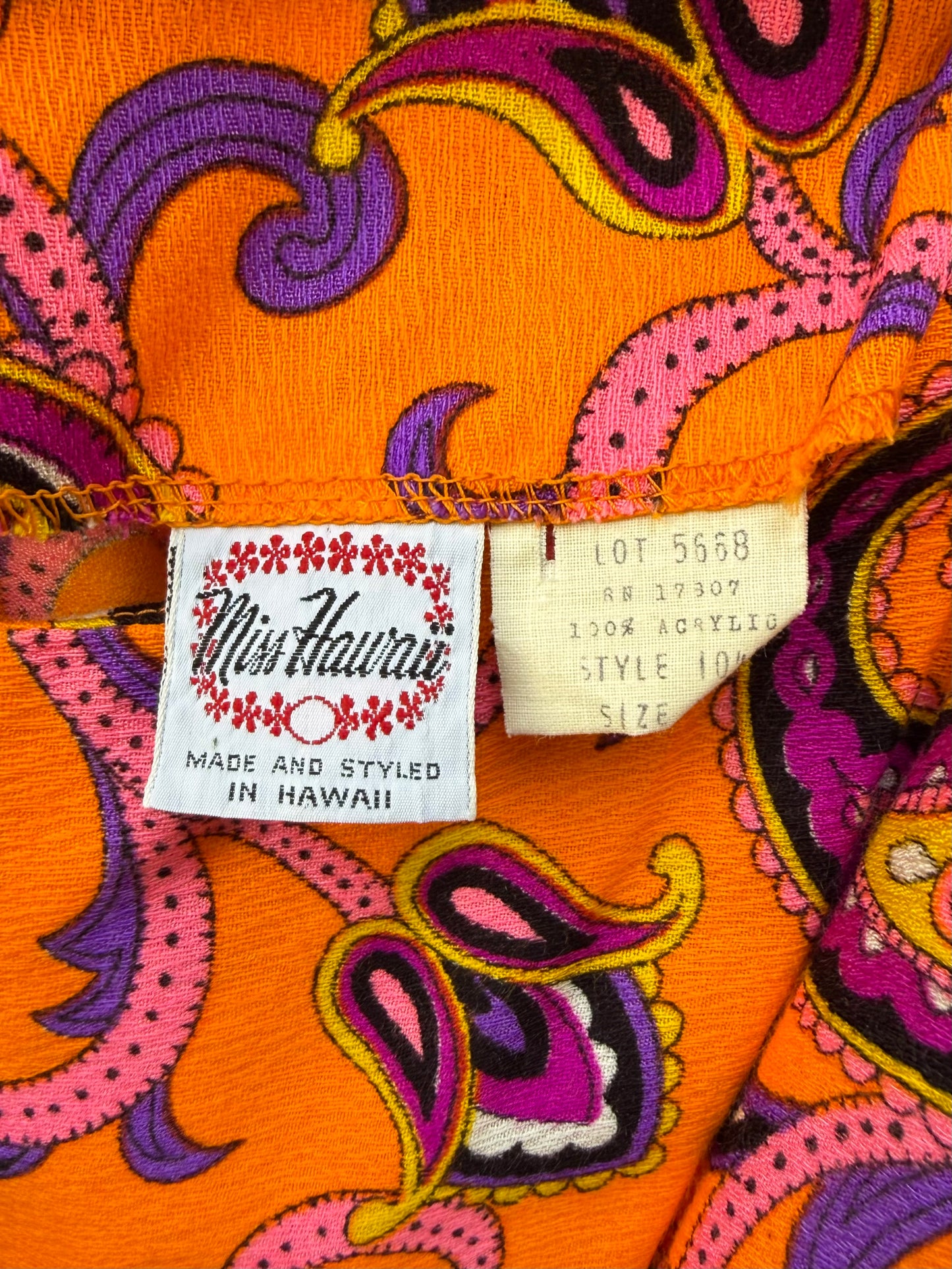 1970s Paisley Patterned Orange Drawstring Dress