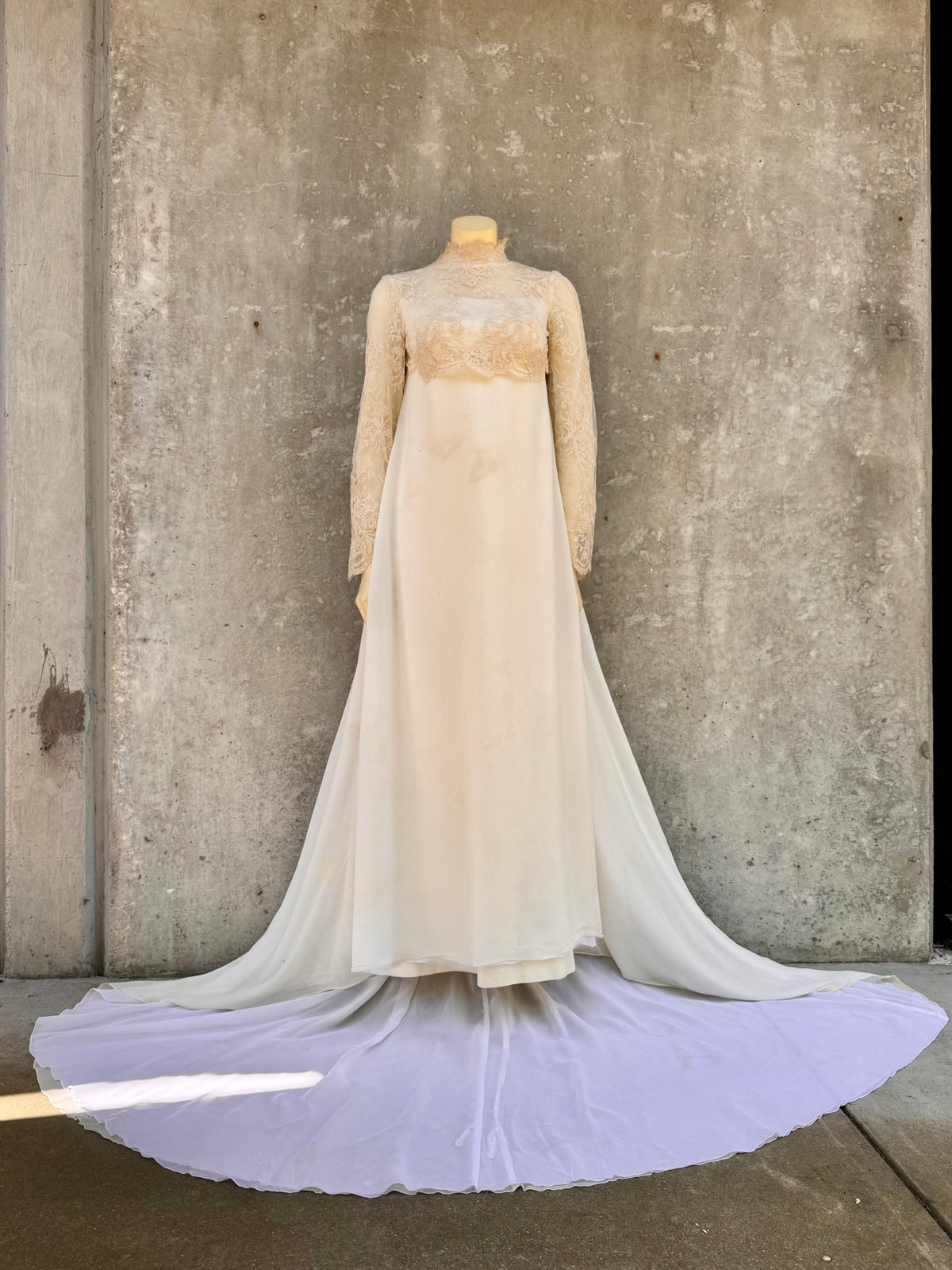 1960s Cream Empire Waist Lace & Organza Wedding Dress