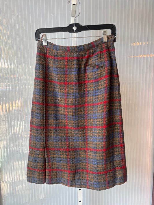 1970s Multicolor Plaid Tweed Skirt w/ Mini Pocket