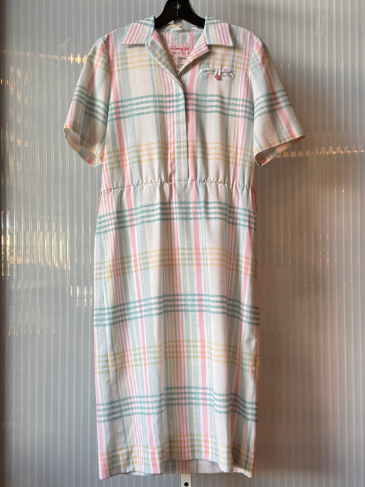 1970s White Teal & Pink Shirtwaist Dress