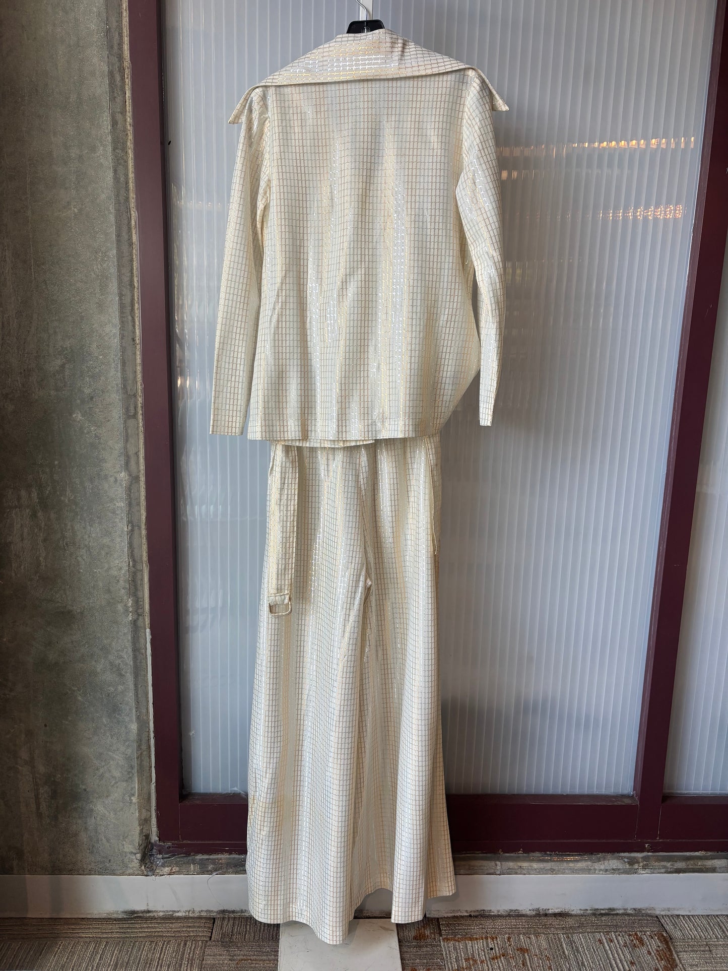 1970s Silver & Gold Patterned White Disco Blouse & Pants Set