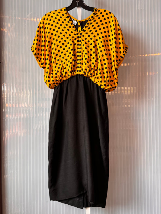 1980s Yellow & Black Polka Dot Blouson Dress