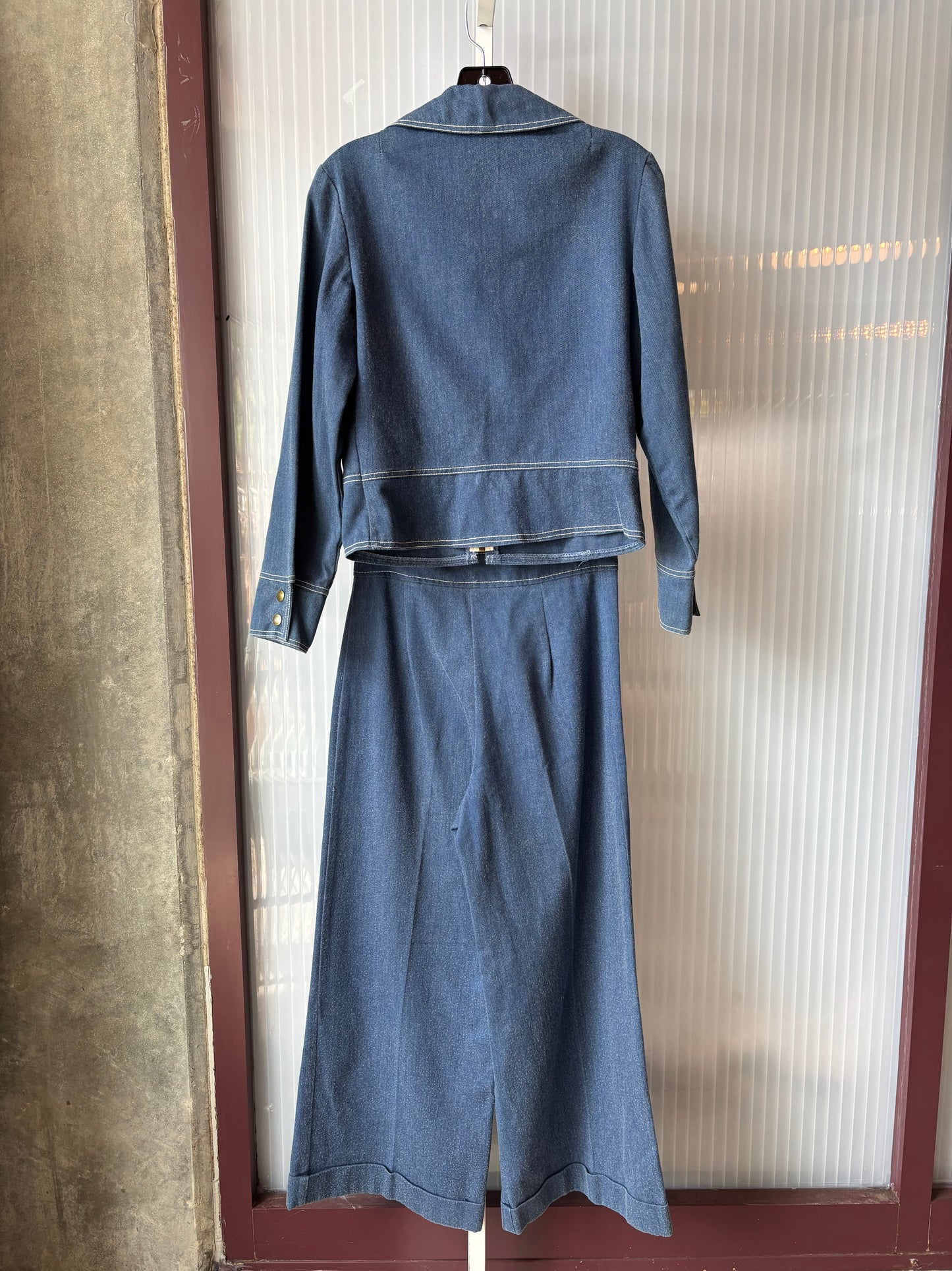1970s Denim & White Contrast Stitch Jacket & Bellbottom Pants Set