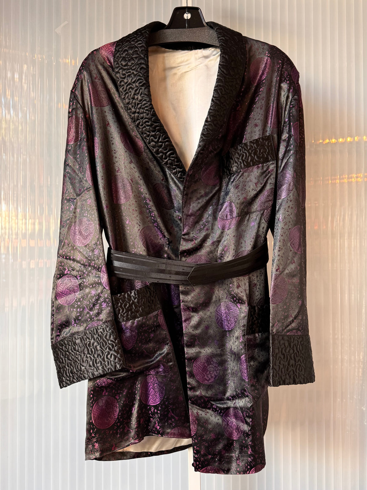 1980s Black & Purple Satin Smoking Jacket