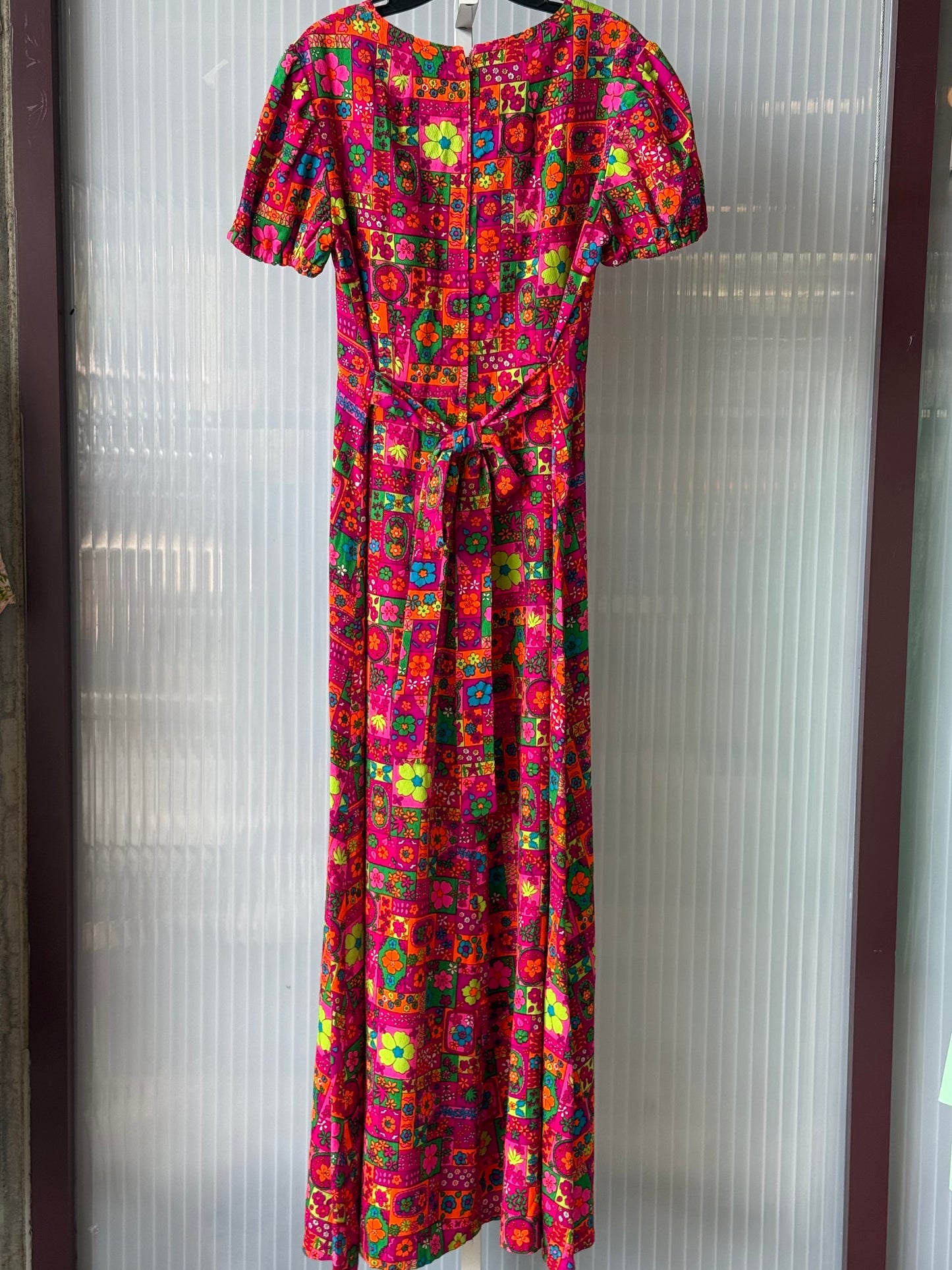 1970s Neon Floral Printed Dress