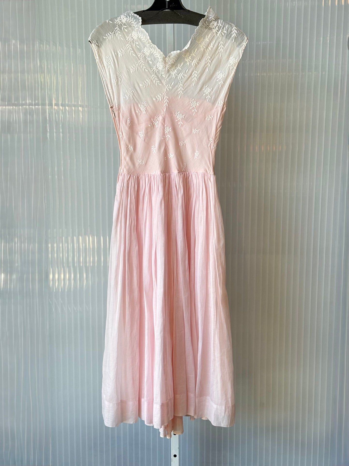 1960s Baby Pink Dress with Sheer Floral Embroidery Layer