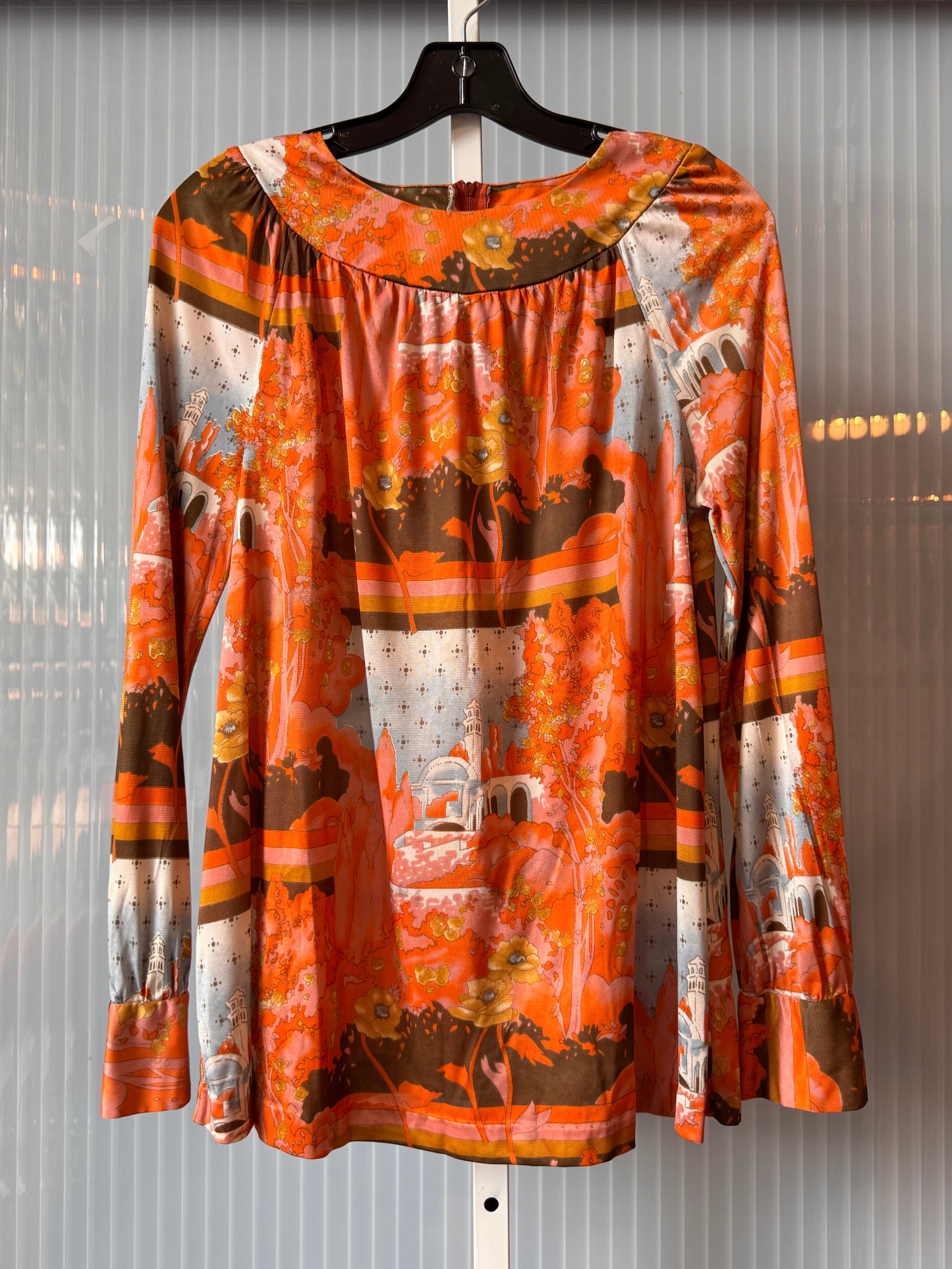 1960s Orange Floral & Architectural Print Flowy Blouse
