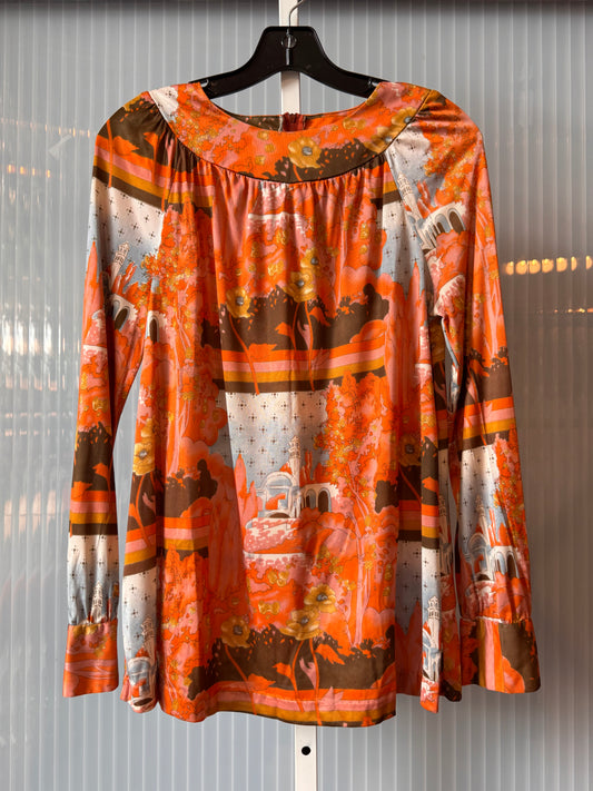 1960s Orange Floral & Architectural Print Flowy Blouse