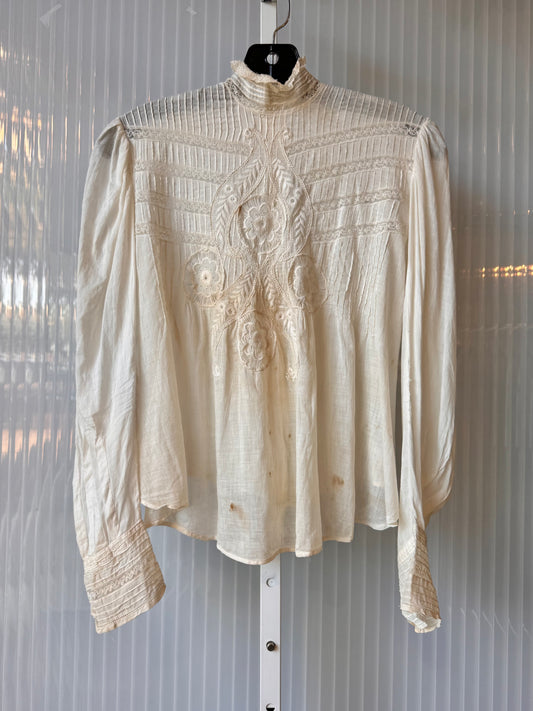 Edwardian Sheer Button-Up Eyelet, Lace & Pintuck Blouse