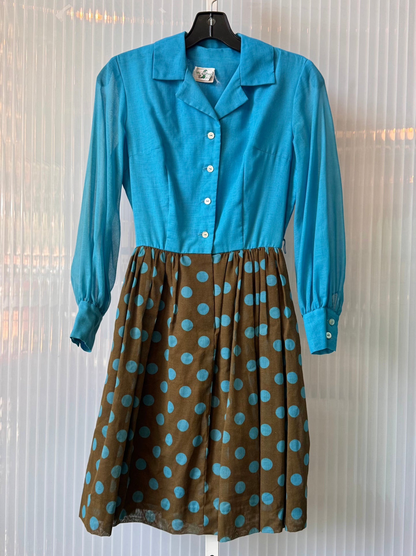 1960s Blue & Brown Polka-dot Shirtwaist Dress