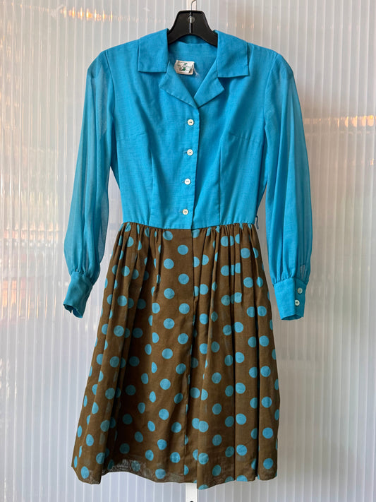 1960s Blue & Brown Polka-dot Shirtwaist Dress