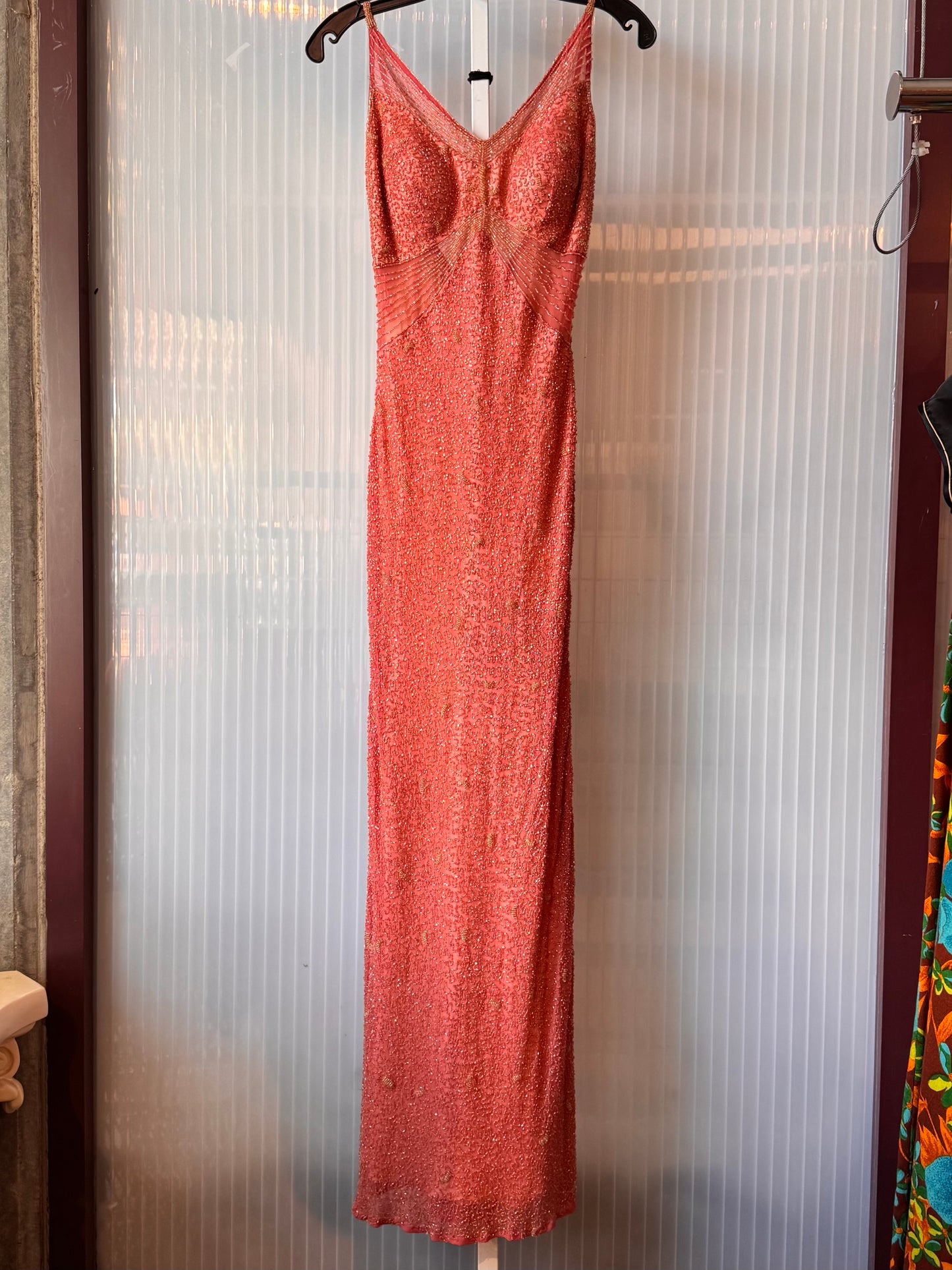 1990s Peach Beaded Formal Maxi Dress