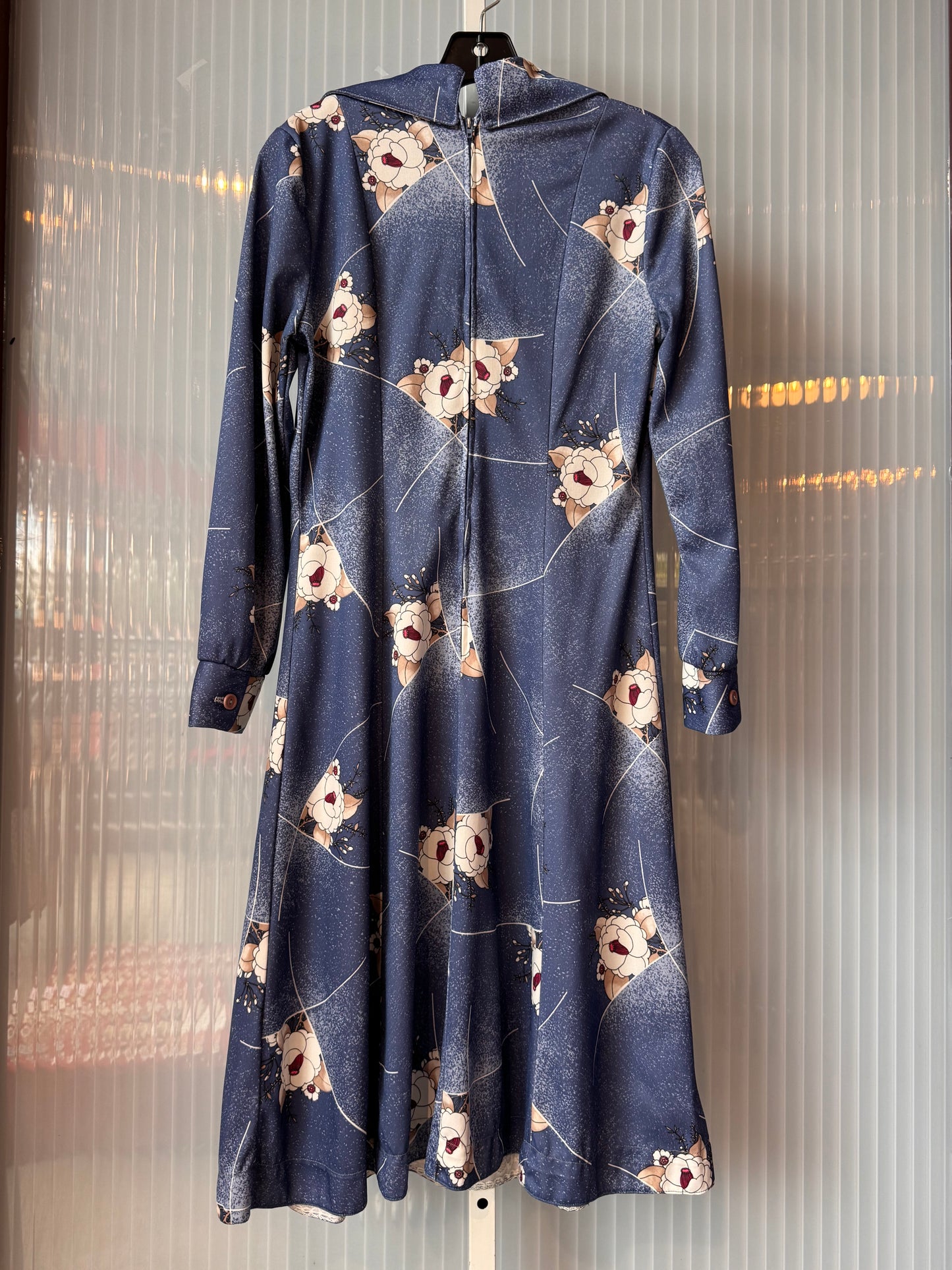 1970s Sears Slate Blue Floral Dress w/ Sash