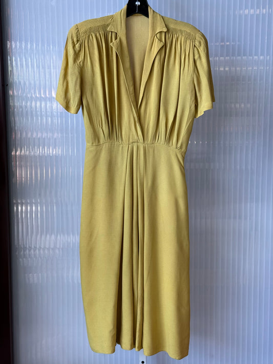 1940s Ochre Yellow Pleated Shirtwaist Dress