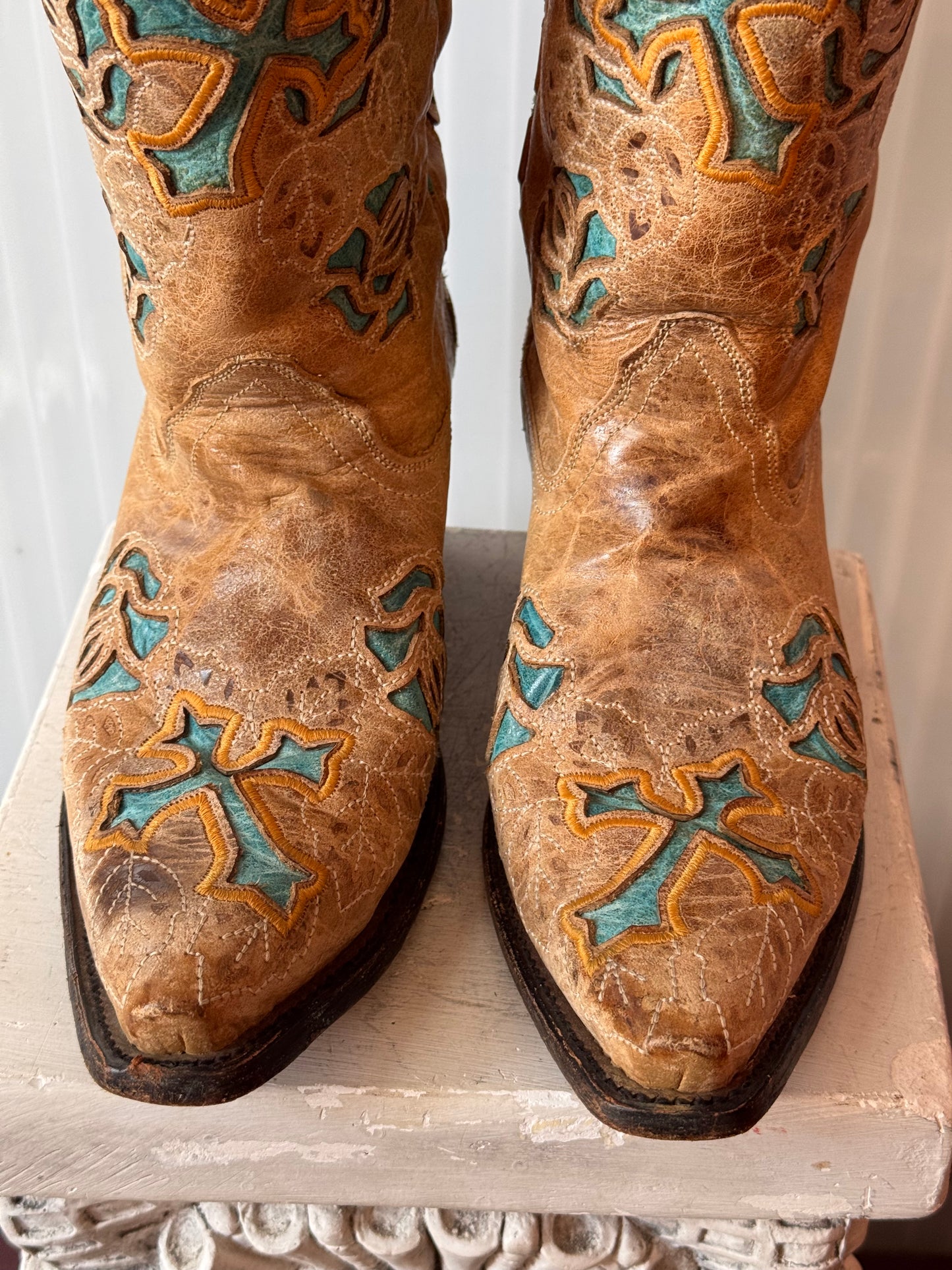 Corral Tan & Teal Floral Leather Western Boots