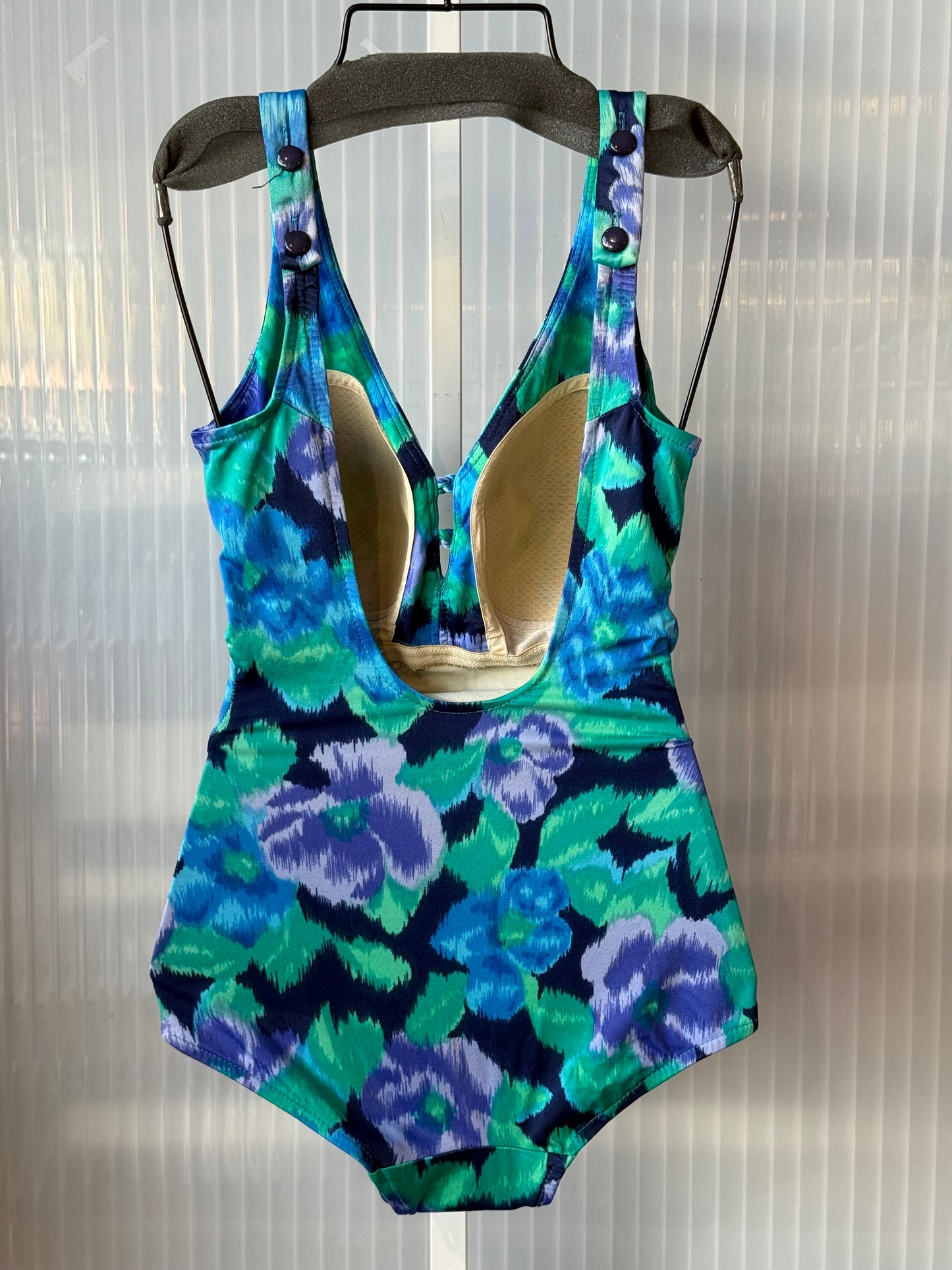 1970s Blue & Green Floral One-Piece Swimsuit