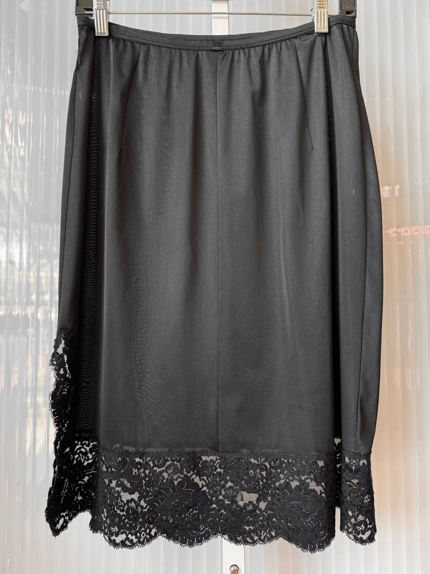 Black Skirt Slip with Slit & Wide Lace Trim