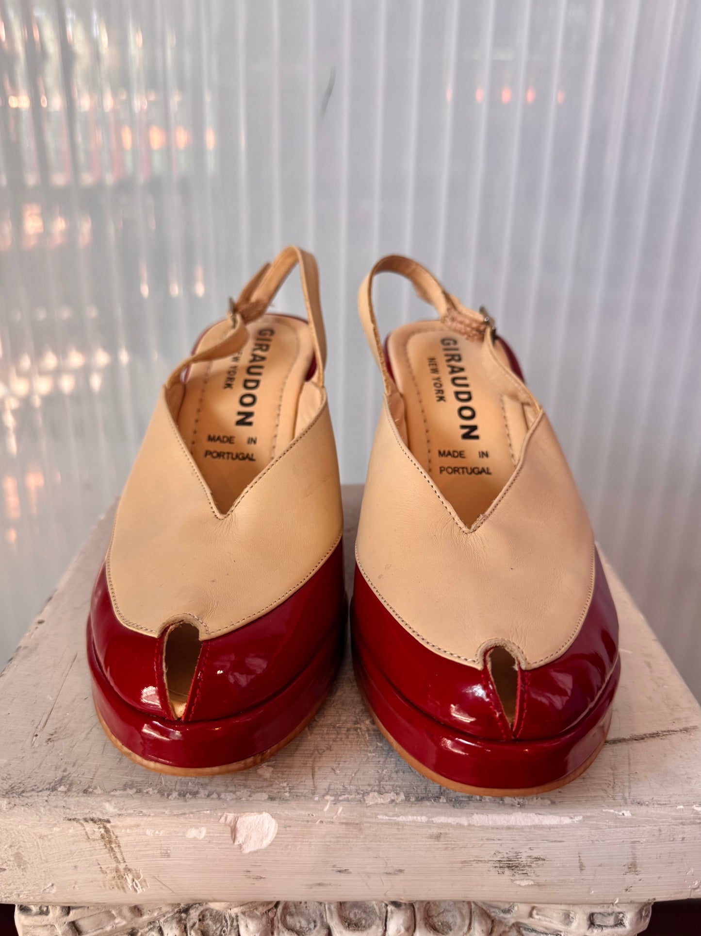 1980s does 40s Giraudon NY Red & Cream Slingback Peeptoe Heels