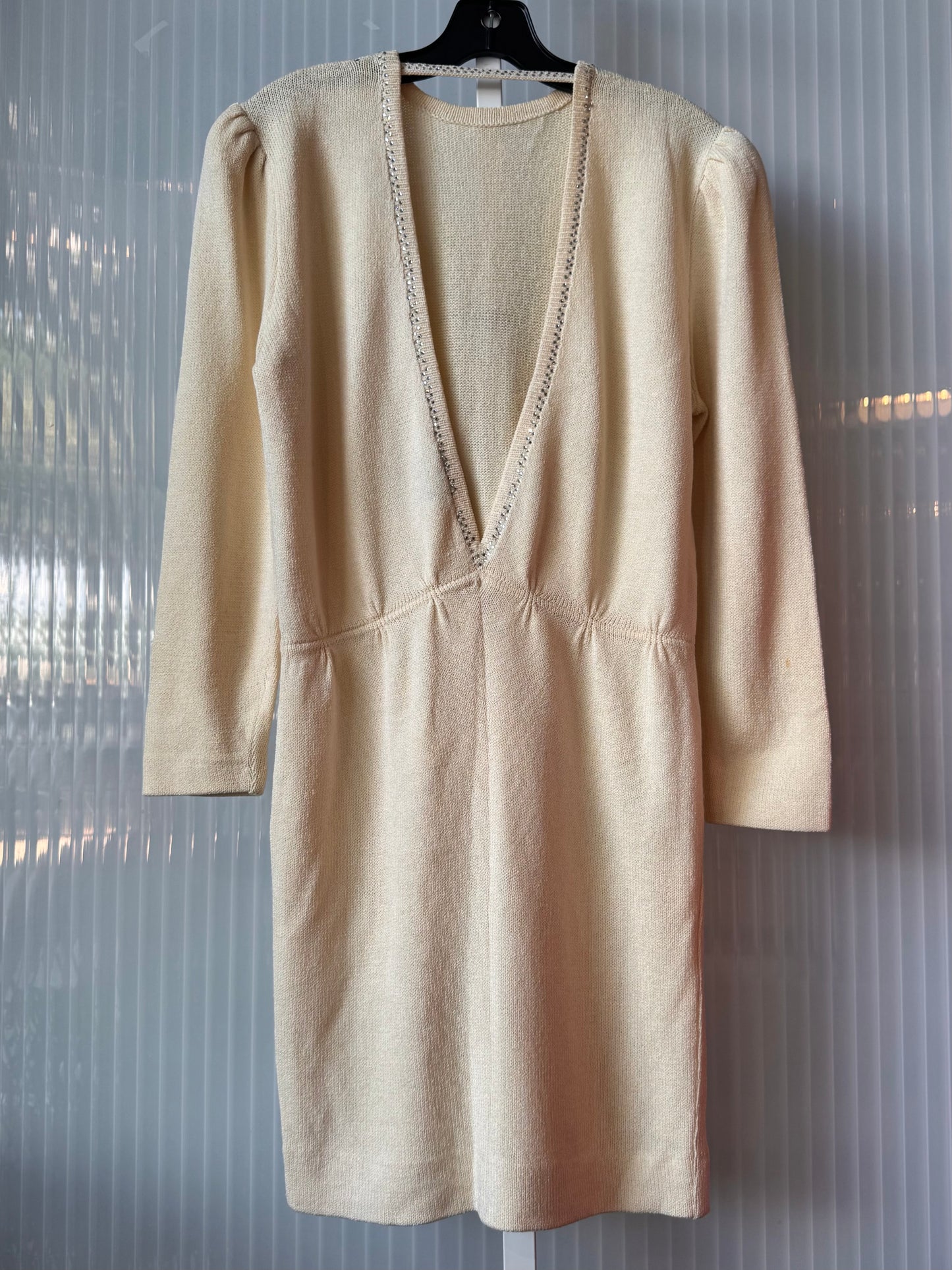 1980s Cream Long-Sleeve Open-Back Knit Dress with Silver Rhinestones