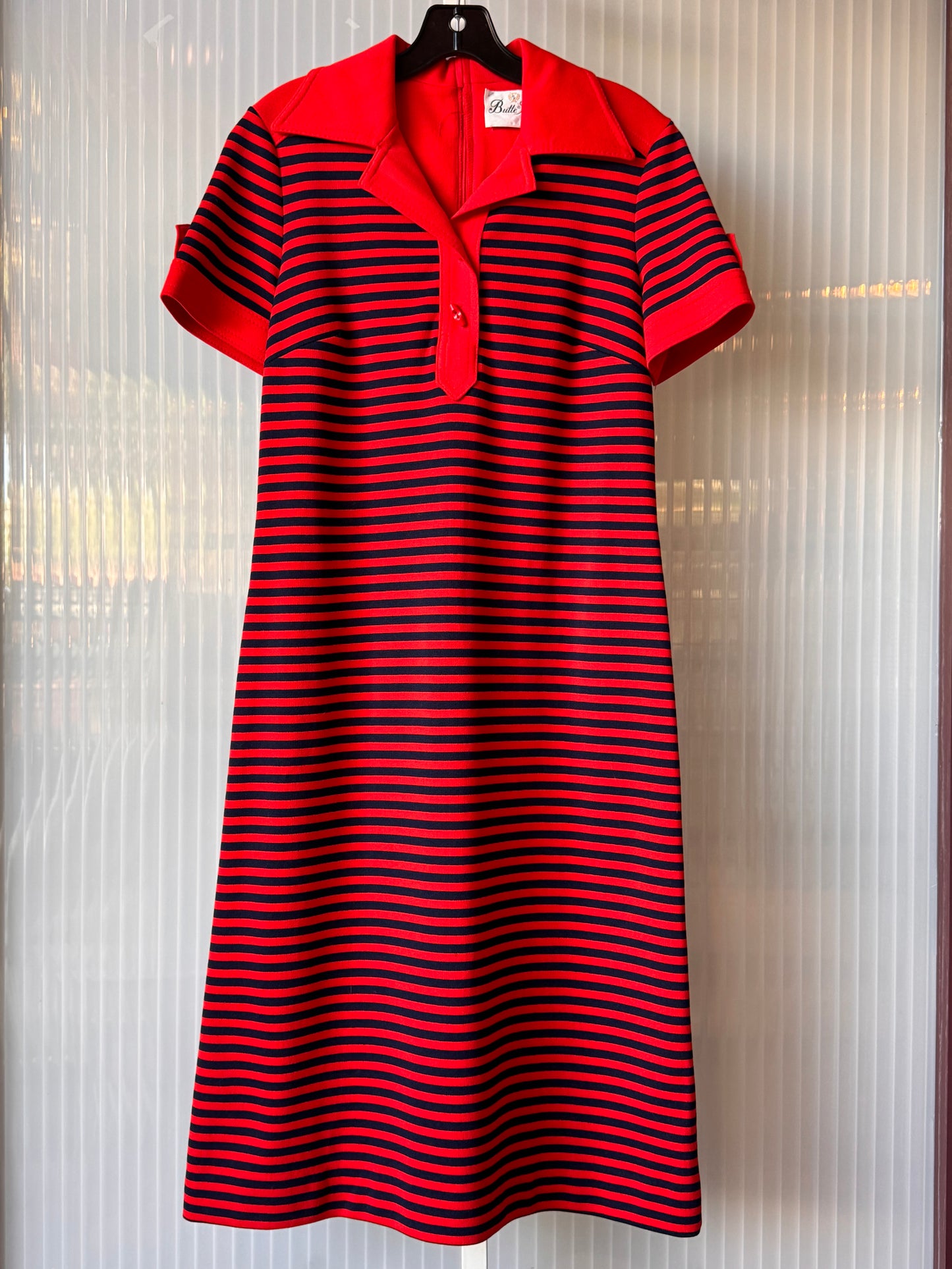 1970s Red & Navy Stripe Collared Knit Dress