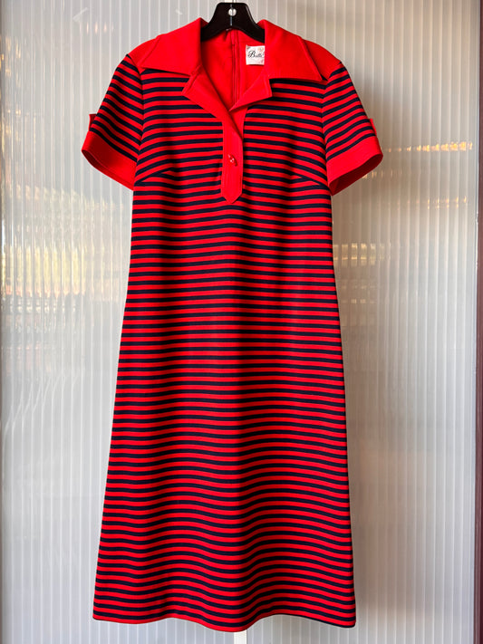 1970s Red & Navy Stripe Collared Knit Dress