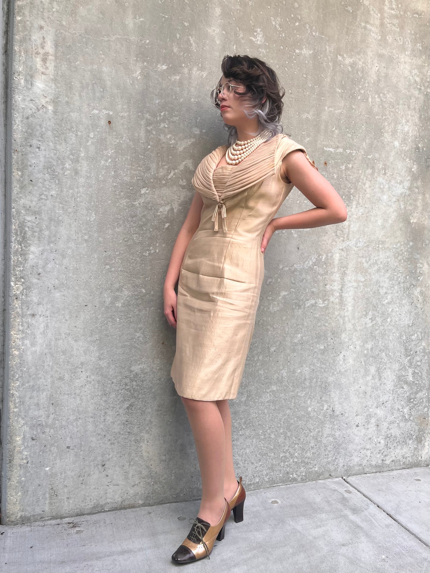 1950s / 1960s Champagne Silk Cocktail Dress