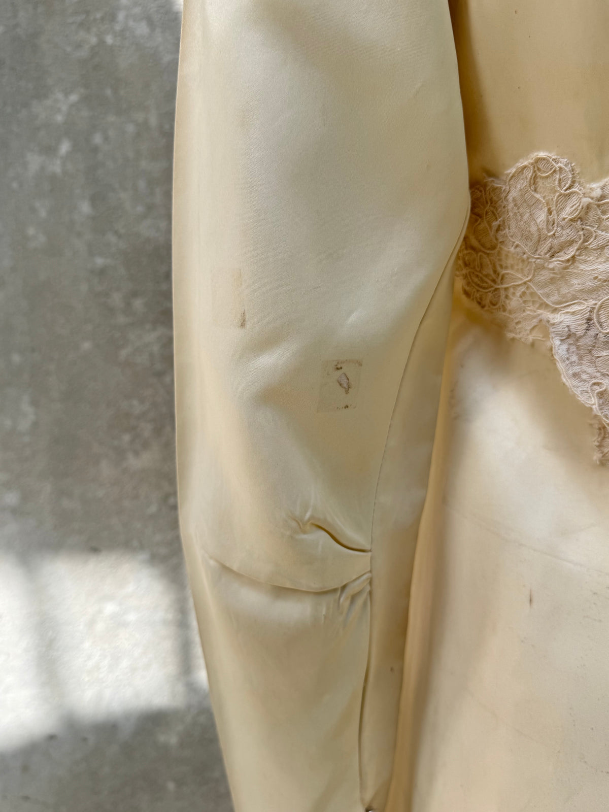 Late 1960s / Early 1970s Cream Satin & Lace Wedding Dress