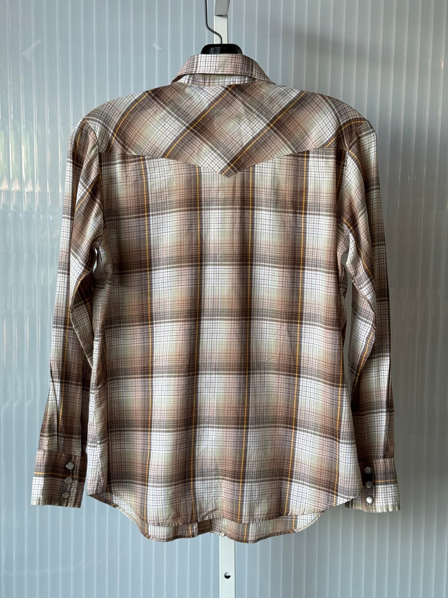 1970s Cream & Tan Plaid Pearl Snap Collared Blouse