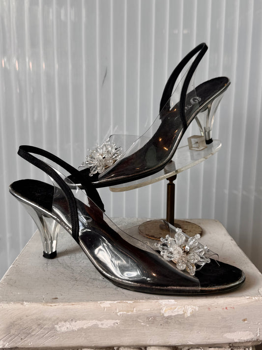 1980s Black & Clear PVC Peep-toe Slingback Heels